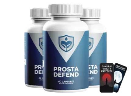 Prosta Defend dietary supplement bottle with text explaining it supports healthy prostate function and normal urinary flow