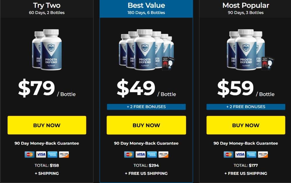 Prosta Defend pricing and special promotion showing 2, 3, and 6 bottle packages with bonuses and discounts