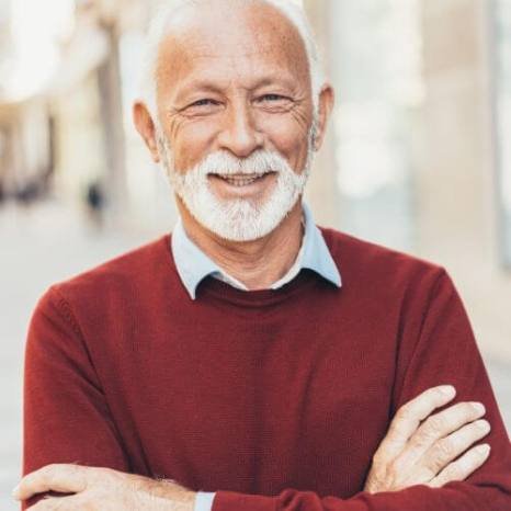 Satisfied male customer sharing his experience with Prosta Defend supporting prostate health and restful sleep